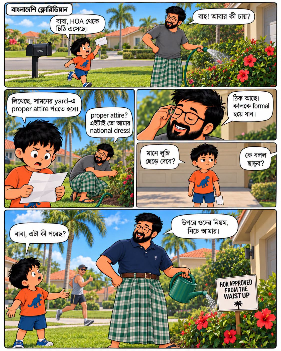 Five panels. A boy runs across the front lawn with a letter from the HOA while his father waters the hibiscus in a lungi. The letter says proper attire is required in the front yard. The father insists the lungi is his national dress, then promises to go formal tomorrow. The next day he is watering the garden in a smart navy polo shirt above and the same checked lungi below, next to a sign reading HOA APPROVED FROM THE WAIST UP.